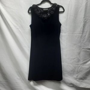 Connected Petite Black Velvet Black Ribbon Flowers Beads Sleeveless Dress READ